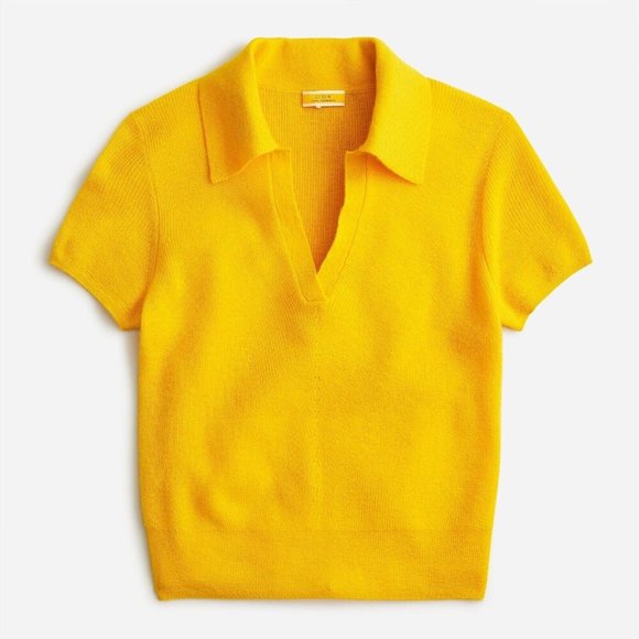 NWT J.Crew Featherweight Cashmere Collared Short-sleeve Sweater in Warm Maize L - Picture 1 of 6